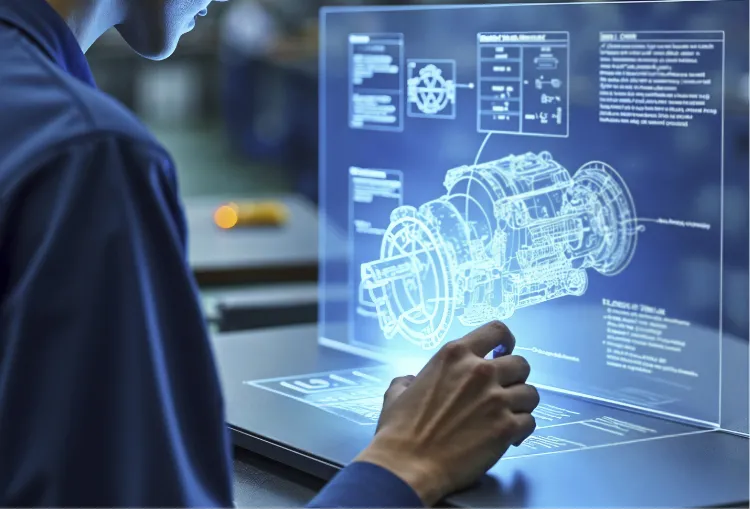 Ordinateur futuriste, illustrant la transformation digitale, l'intégration de l'intelligence artificielle (IA) et la gestion des flux pour l'industrie 4.0 organisée par PB Décolletage en complément de son expertise historique